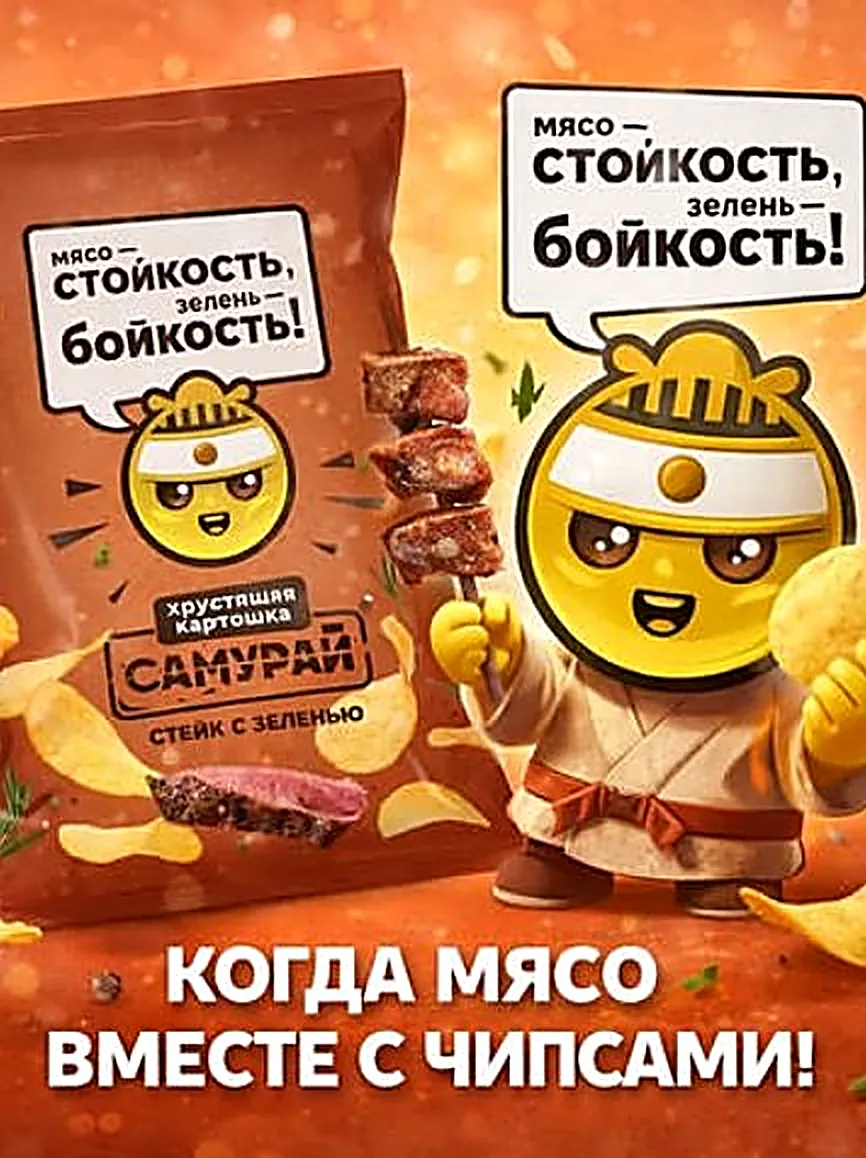 Самурай со стейком и пачкой чипсов «Стейк с зеленью»